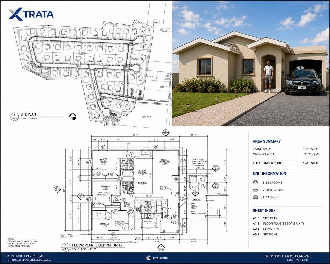 Xtrata 3-bedroom unit — site plan, floor plan and completed home